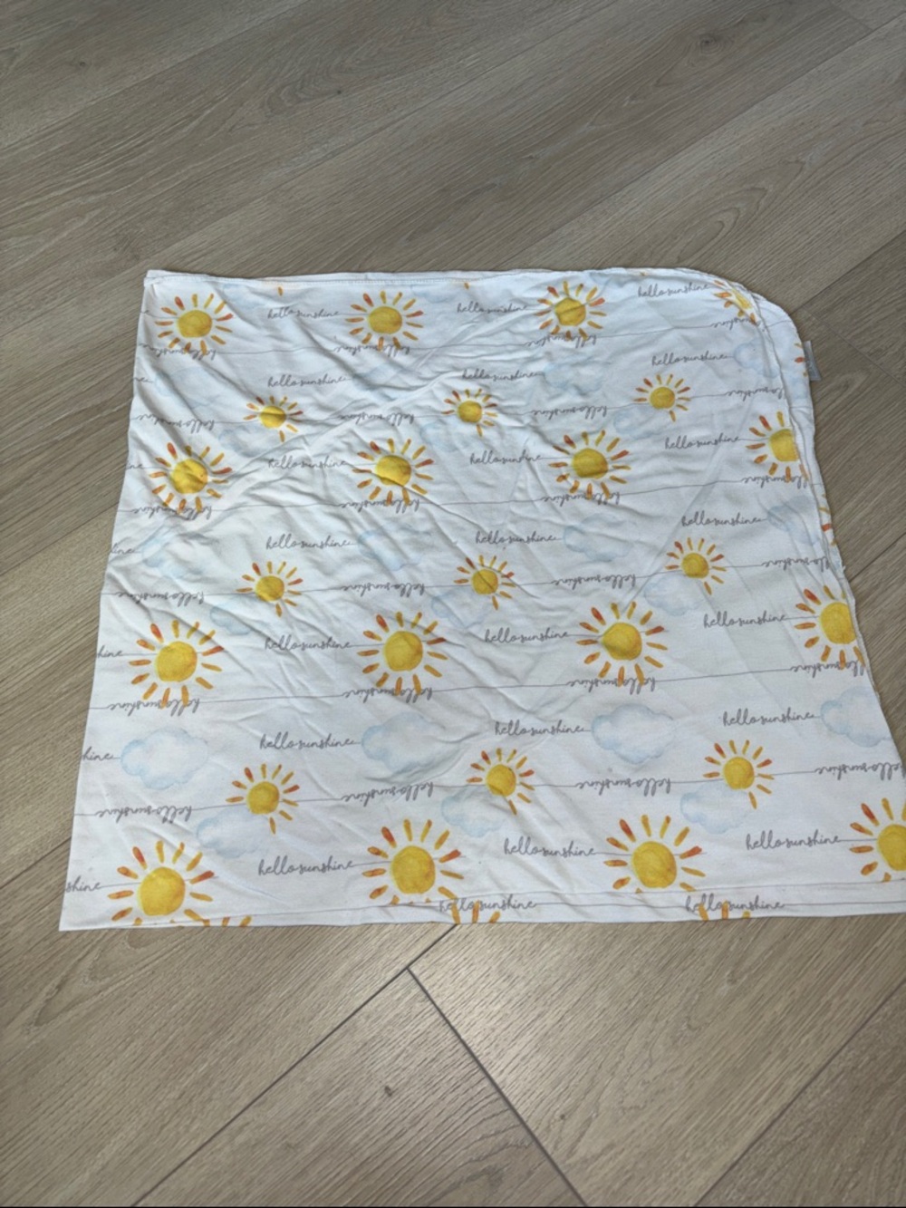 Toby hello sunshine White Baby Blanket with Yellow Sun Print